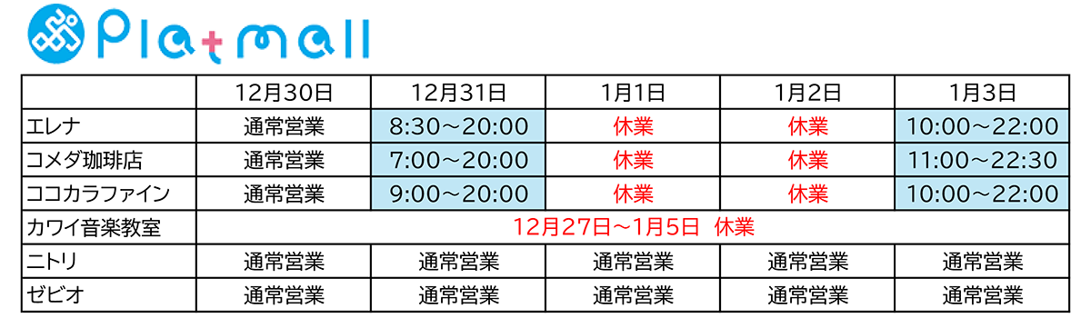 プラっとモール長崎　 年末年始 営業時間